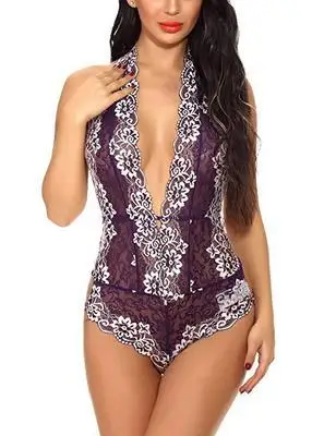 

Sexy Lace Open Crotch Lingerie Set - Sheer Three-Piece Outfit with Deep V Neck & No Remove Design Intimate Play Sheer for Women