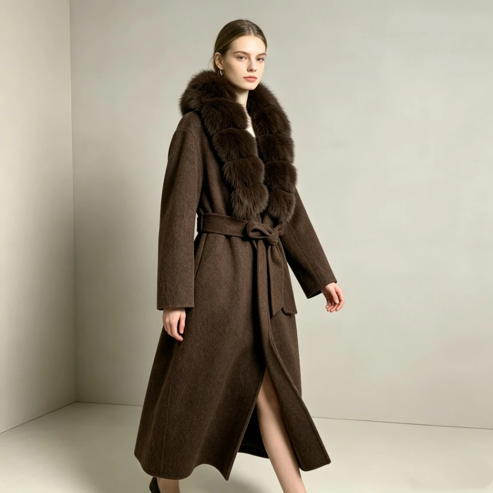 New Style Premium Genuine Fox Fur Collar Women's Double Face Wool Coat Length Belt Straps for Slimming Fit Fashion Elegant Coat
