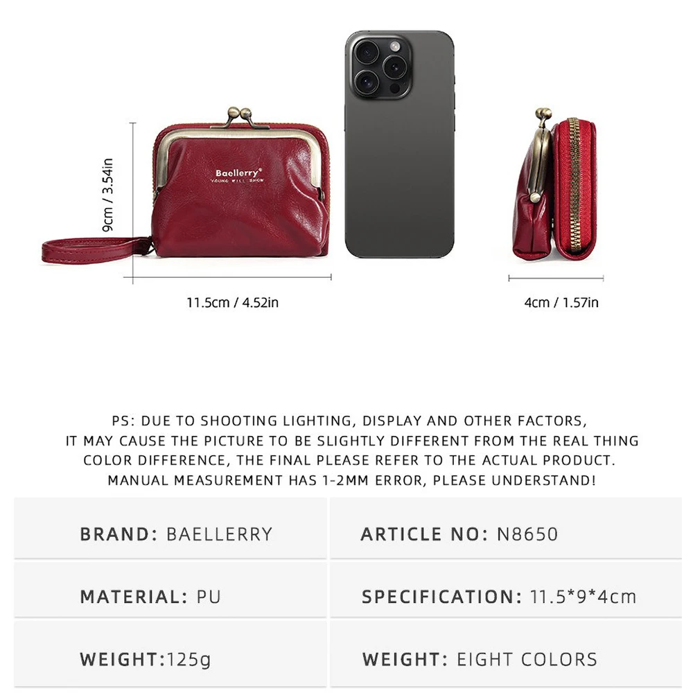 محفظة Baellerry النسائية من البولي يوريثان، محفظة عملات معدنية بسحاب مع 12 فتحة للبطاقات ونافذة لبطاقة الهوية (وردي أحمر الخدود، 8 جيوب)