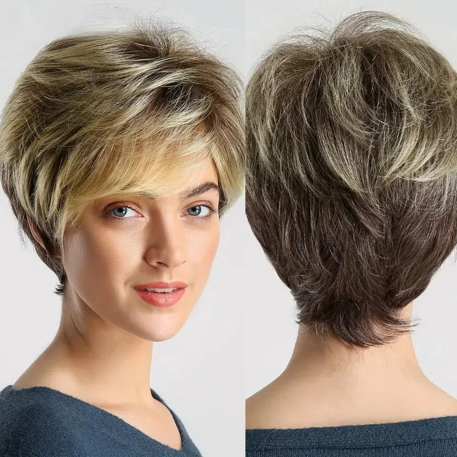 Fashionable Short Blonde High Gloss Synthetic Fiber with Side Hair, Elegant Style Curly Waves