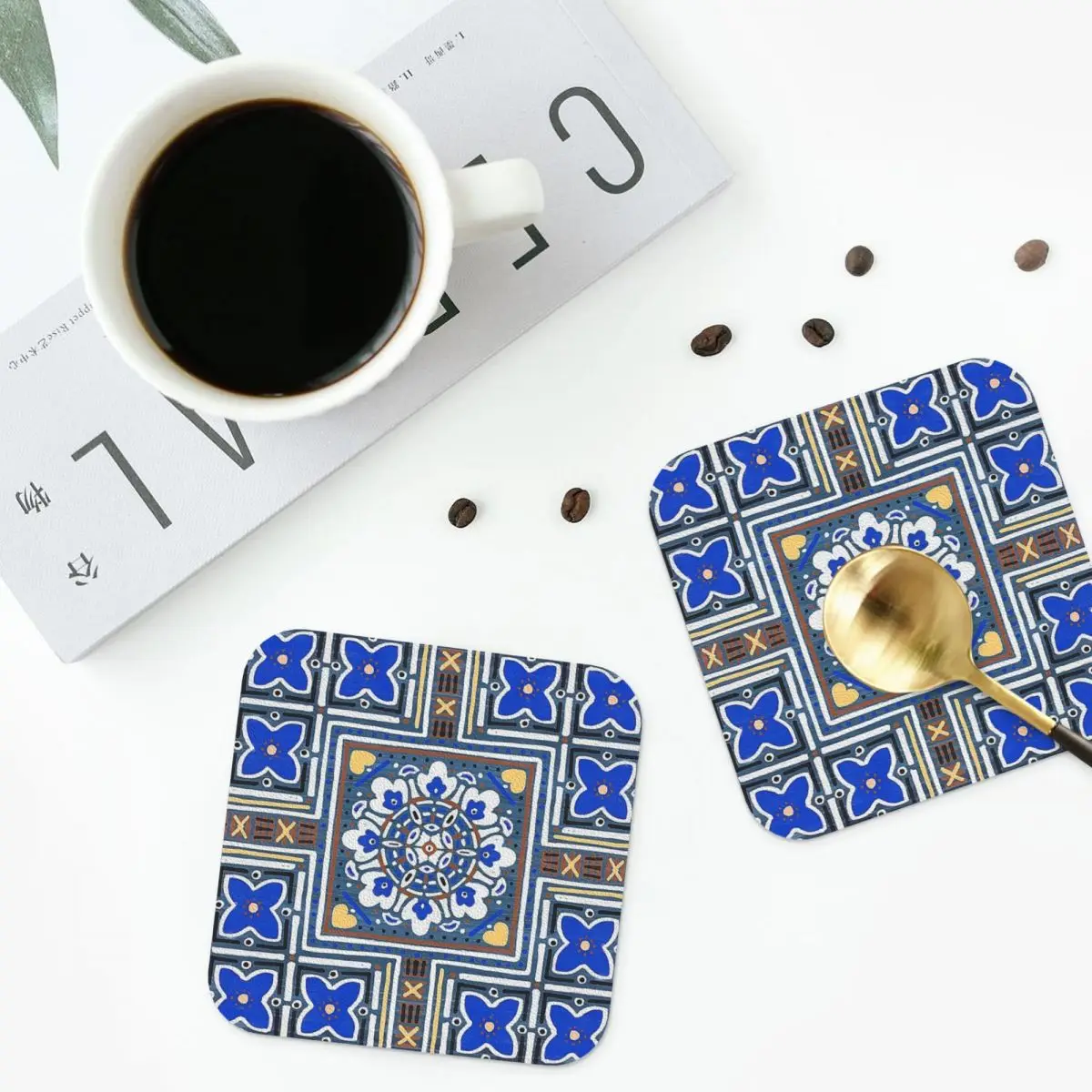 Blue Portuguese Azulejos On Wood Coasters PVC Leather Placemats Non-slip Insulation Coffee Mat Home Kitchen Dining Pads Set of 4