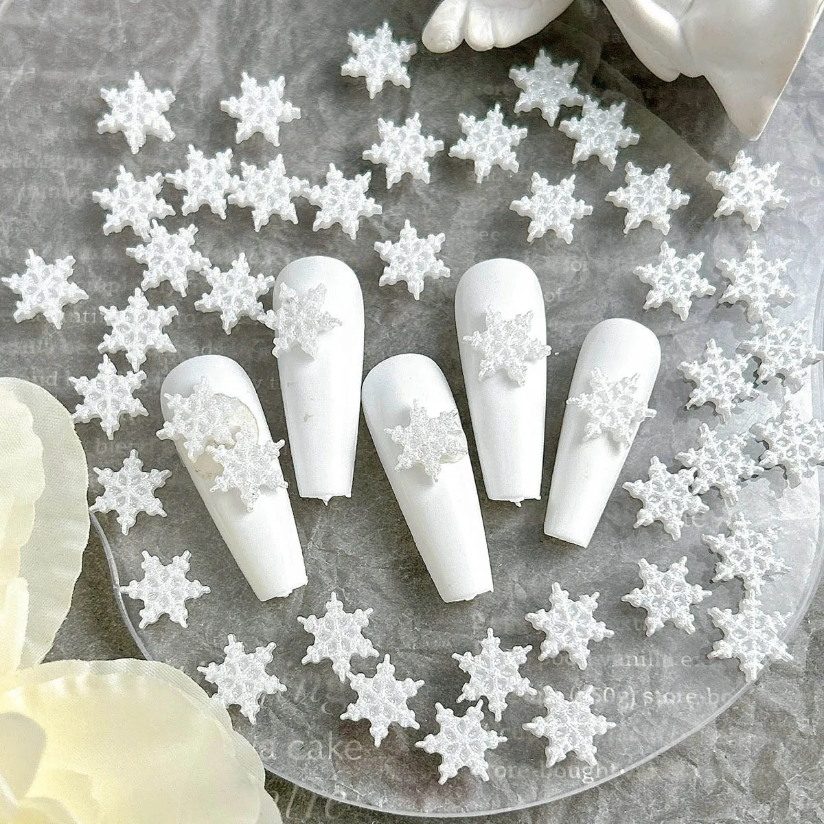 30 pçs 3d acrílico arte do prego floco de neve encantos glitter branco neve acessórios peças para manicure decoração unhas suprimentos