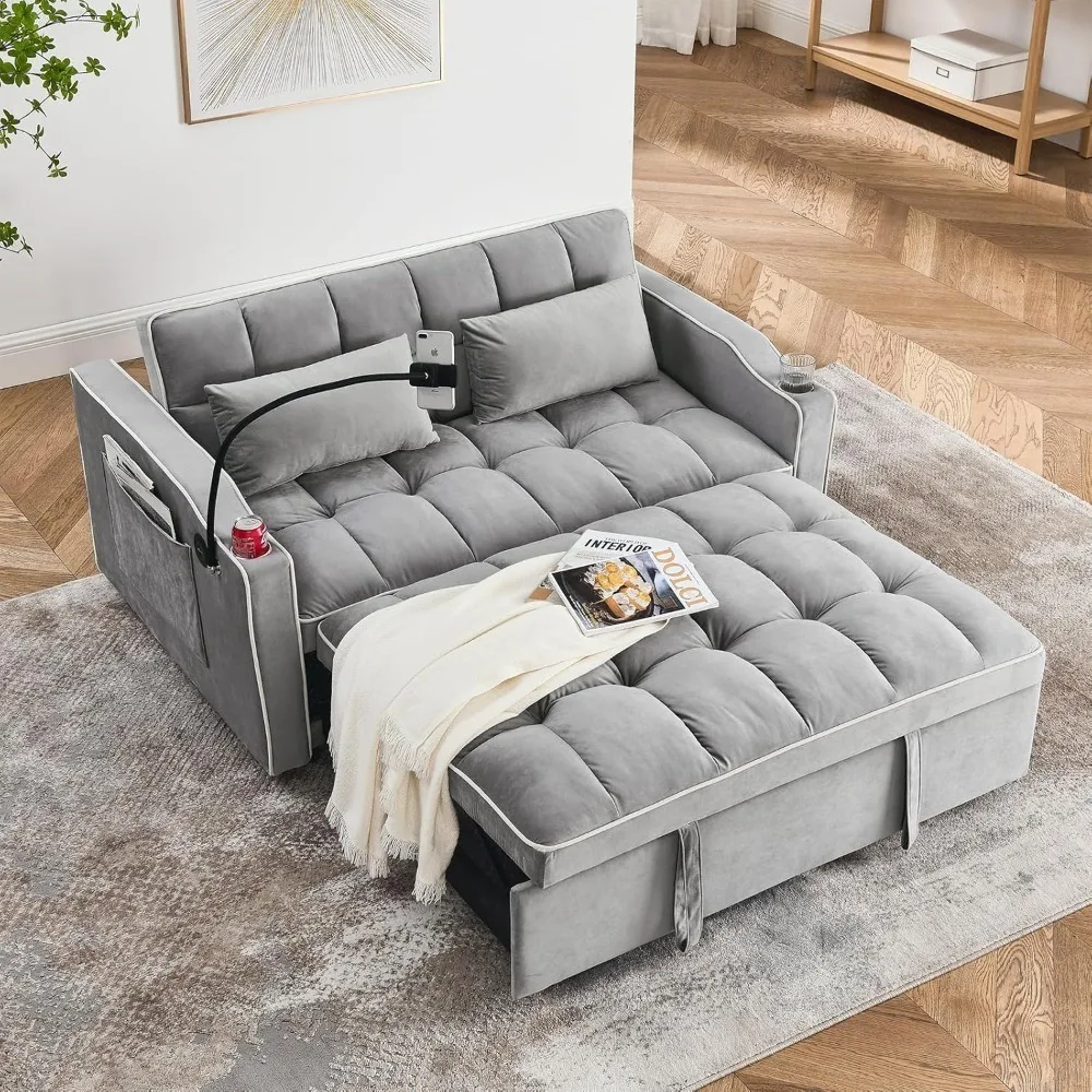 Convertible Sofa Bed,3 in 1 Velvet Sleeper Sofa Pull-Out Bed,55'' Loveseat Sleeper Sofa Bed with Adjustable Backrest with