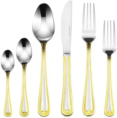 Venezia Collection Gold Flatware Serving Set for 12, 75-Pc Luxury Dining Silverware Cutlery Service, 24 Kt 18/10 Premium Surgica