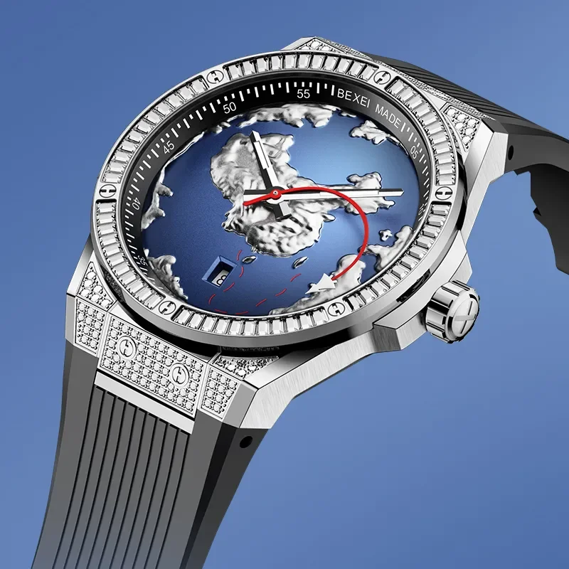 Bexei Automatik-Herrenuhr 9180, Zifferblatt mit Erde und Meer, mechanisches Skelettwerk, leuchtende Uhren für Herren, wasserdicht, mit Kalender