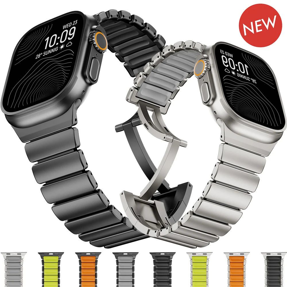 Titan+Silikon-Armband für Apple Watch Ultra 3 49mm S11 46mm mit Klick-Faltschließe für iWatch Series 10 9 8 7 6 SE 3 44/45mm