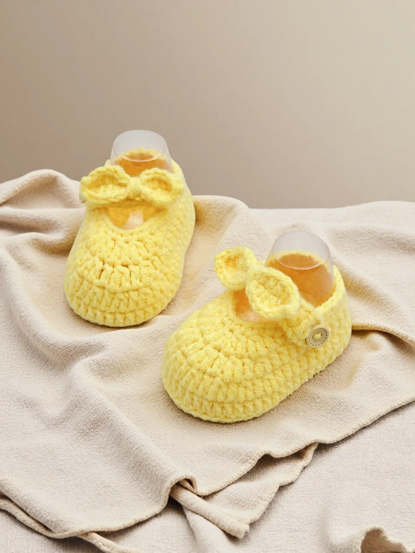 

1 Pair Handmade Crochet Baby Booties with Bow, Yellow, Soft Knit Newborn Shoes with Button Detail