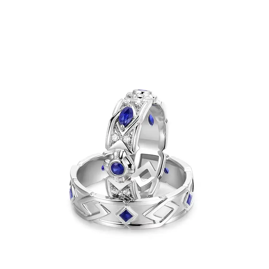 Custom Designer Handcrafted S925 Silver Sapphire-Set Men's & Women's Couple Rings, Elegant Wedding & Engagement Gift, Timeless