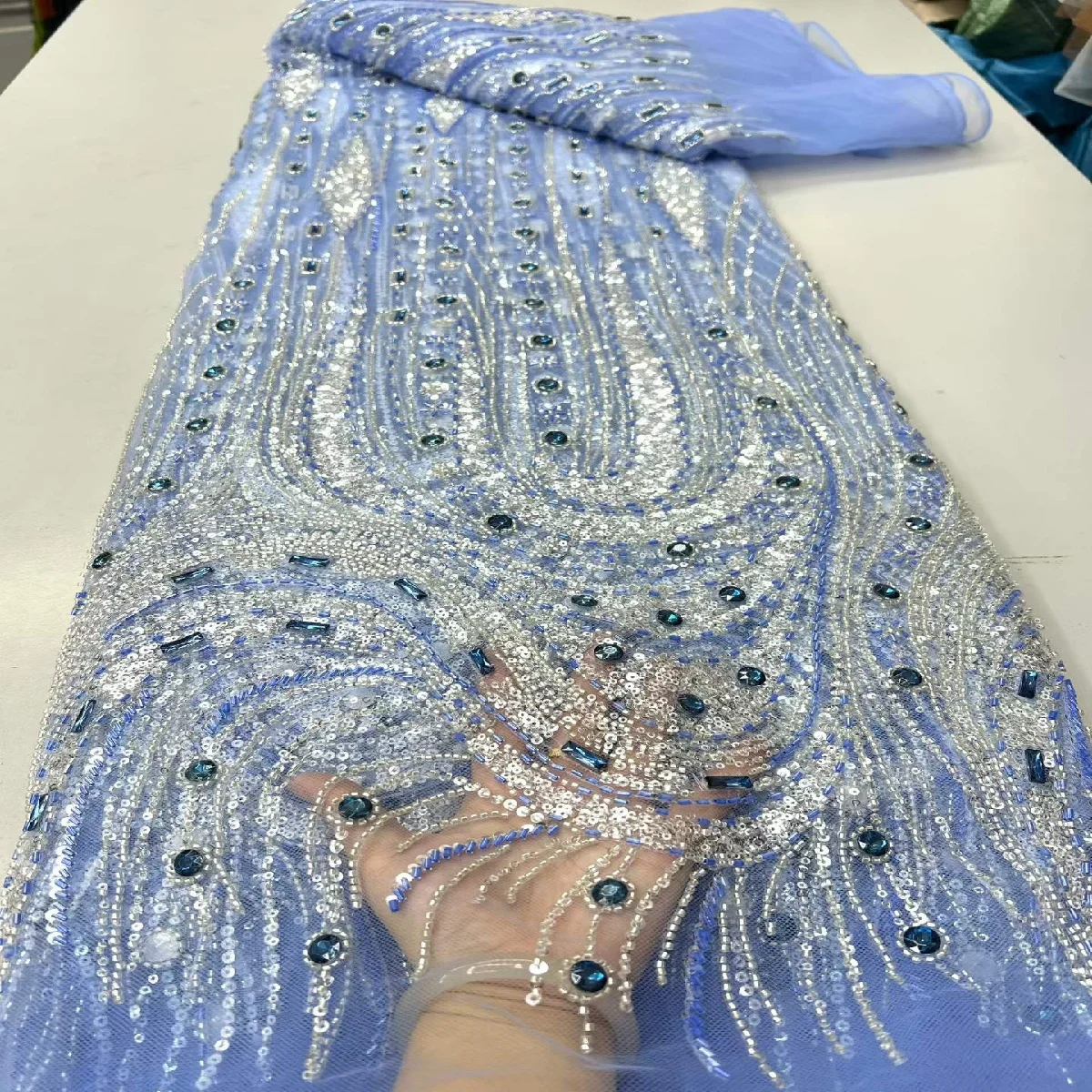 Light Green Beaded Sequin Rhinestone Tulle Mesh Fabric, Sheer Net Cloth for Wedding Dress Evening Gown Party Bridal Dress