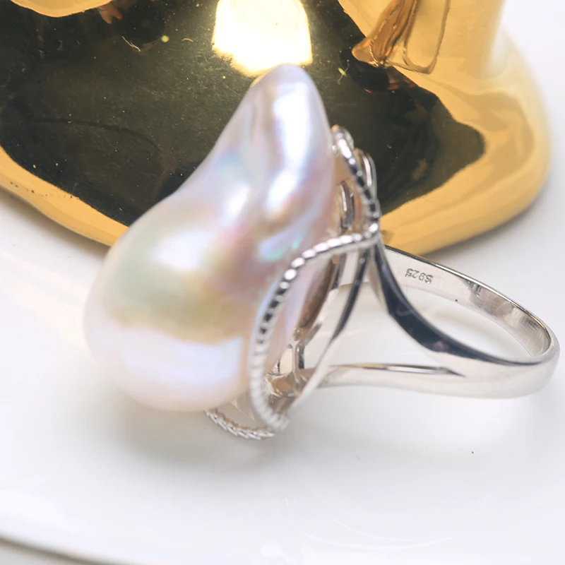 Natural freshwater profiled Large Baroque pearl ring light luxury vintage sterling silver ring adjustable Gift for Woman RA