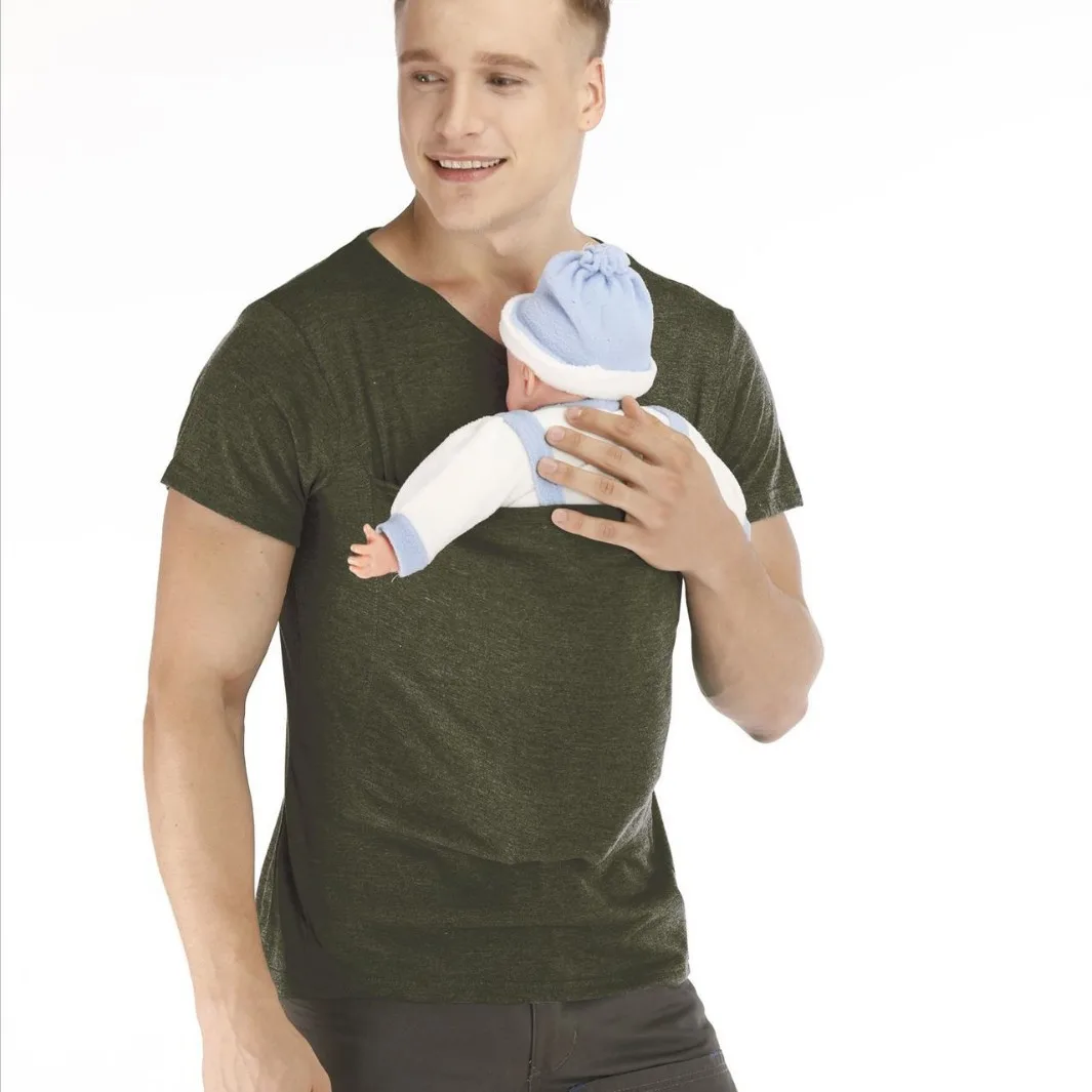 2026 Adult Kangaroo Pocket Baby Carrier T Shirt Summer Short Sleeve Nursing Feeding Top for Mom Dad Parent Baby Holding Shirt