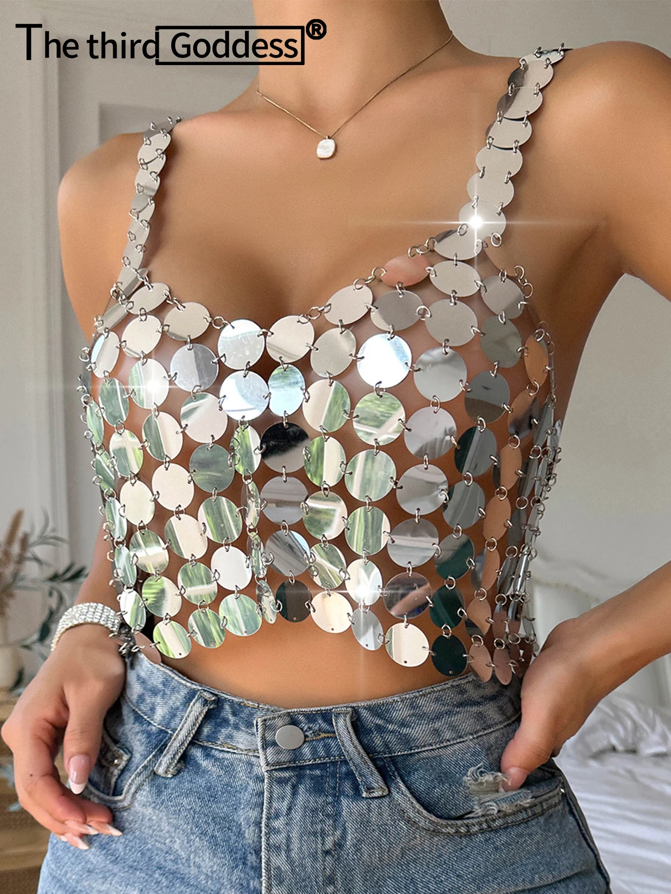 Sexy Y2K Metal Sequin Crop Top Women Summer Glitter See through Beach Club Party Halter Tank Top Rave Outfit Cropped Womens tops
