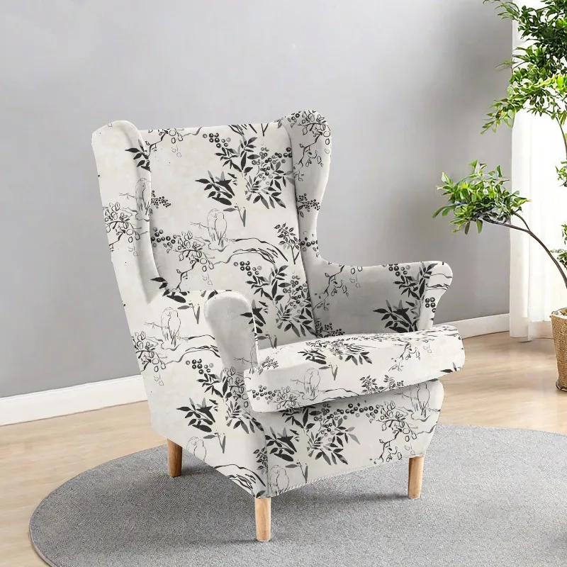 Spandex Stretch Wing Chair Cover Floral Printed High Back Armchair Covers Elastic Relax Sofa Slipcovers with Seat Cushion Cover