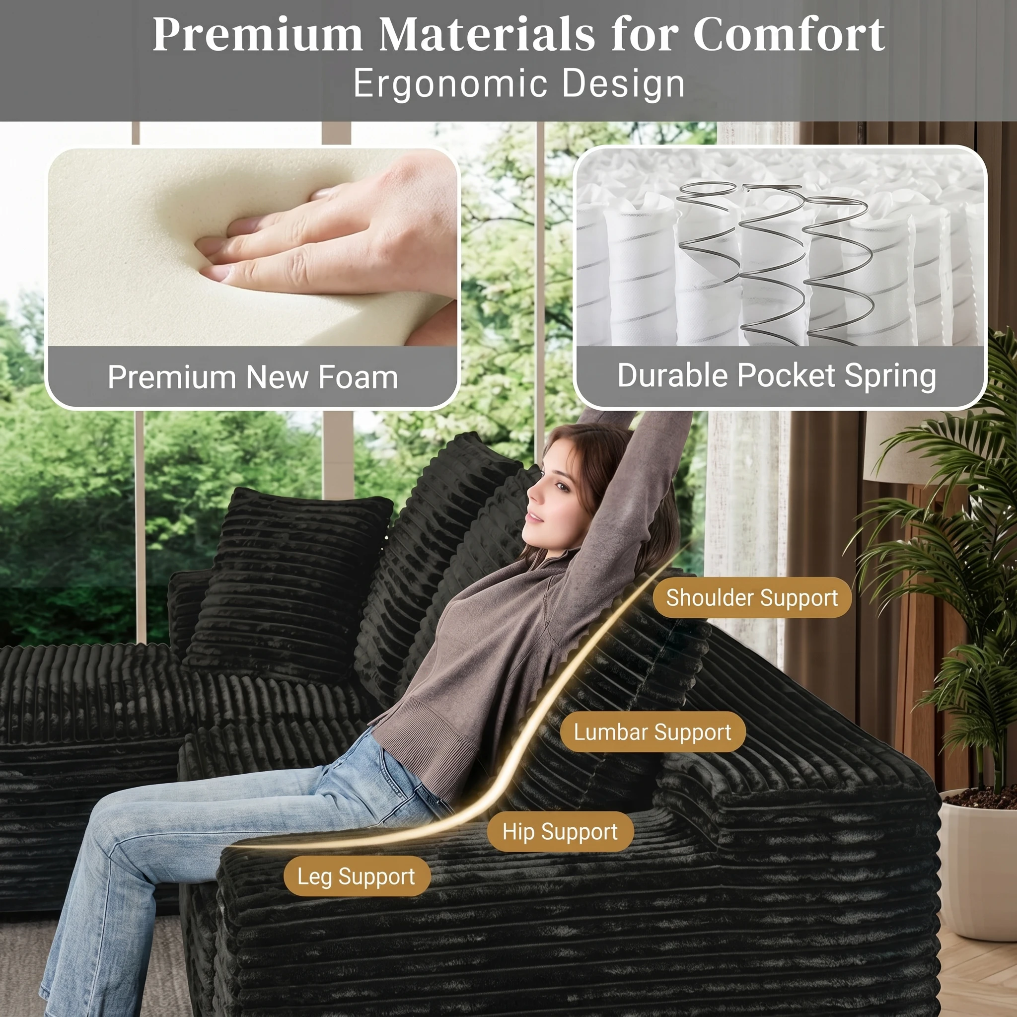 107 Inch L-Shaped Modular Sofa with Recliner and Chaise, Plush Corduroy Cloud Couch Sleeper, No Assembly Deep Seat Sectional for Living Room Apartment, Black