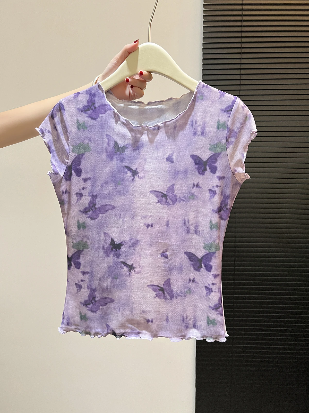 Summer Purple Gradient  Net Short Sleeve T-Shirt Women's Style Korean Version Slim Fit round Neck Print Ear Look Top