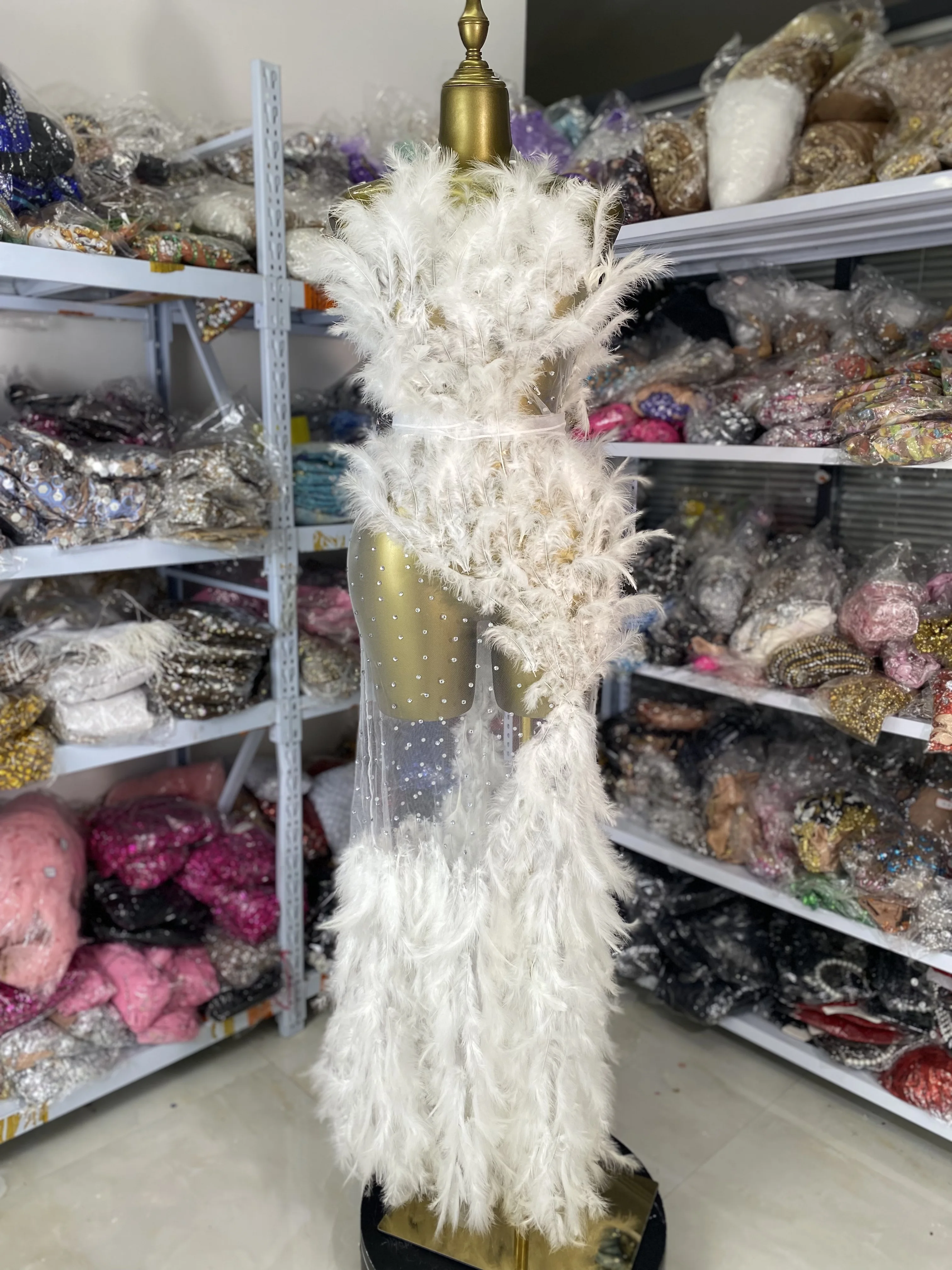 

Women White Rhinestones Feather Perspective Mesh Tight Sexy Exposed Backpack Hip Long Dress Nightclub Bar Performance Costume