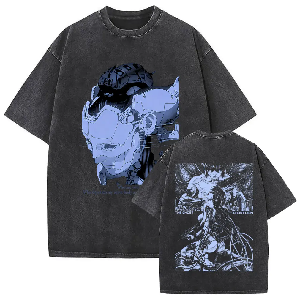 Gewaschenes Vintage Anime Ghost in The Shell T-Shirt Cartoon Motoko Kusanagi Grafik T-Shirts Herren Damen Manga Retro Oversized T-Shirt – Detail 2