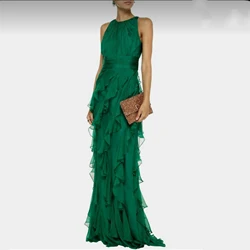 Vestido de noche de gasa con volantes, color verde esmeralda, largo y recto sin mangas, estilo árabe de Dubái