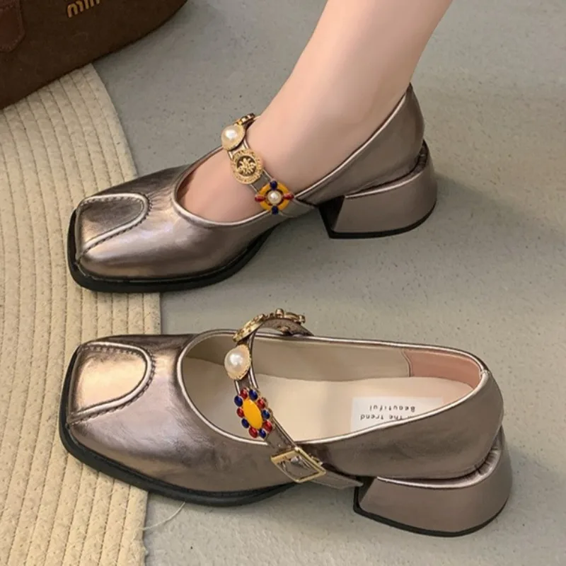 

Ladies Flower rivet Pumps Moccasins Square Toe with Medium Heels Women's Mary Jane Loafers Shoes Beau Today on Offer 2025