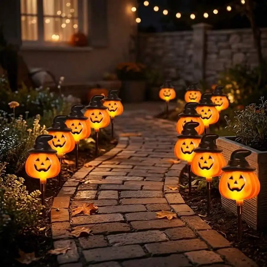 6pcs Lighted Holiday Displays, Solar-Powered Pumpkin Lanterns Are Used For Ground Decorations, While Orange Pumpkin-Shaped Strin