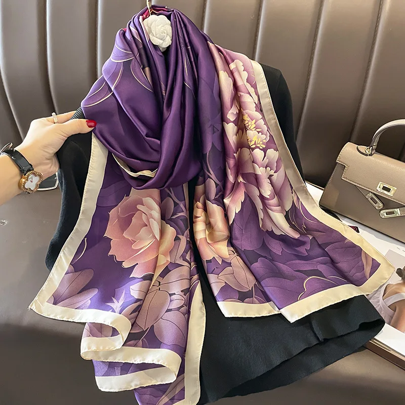 

Luxury Brand New Style Spring Summer Women Big Flower Print Scarf Ladies Popular Beach Silk Shawl Fashion Headcloth