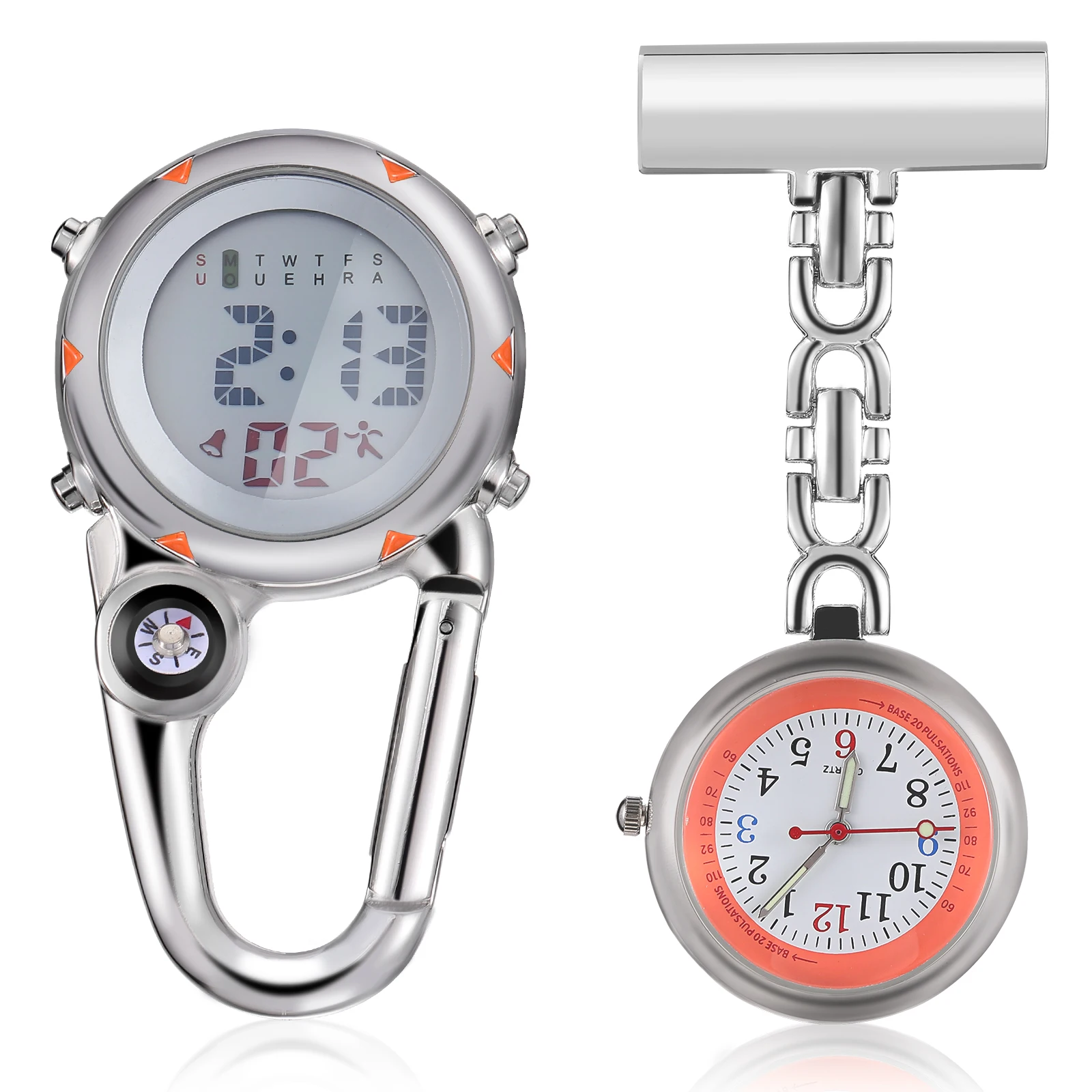 

2Pcs Pocket Watches Stainless Steel Zinc Alloy Lightweight Nurse Watch Clip On Carabiner Digital Clock Women Backpack