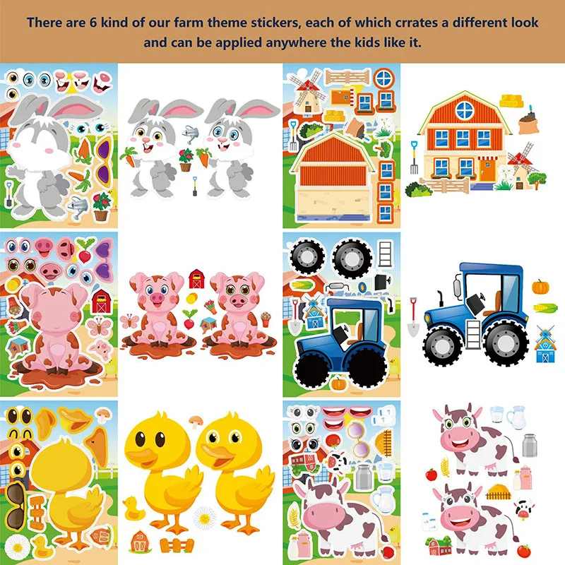 Cute Farm Animal Stickers DIY Make A Face Stickers Sheets for Kids Toddlers Boys Girls Party Favors Supplies Activities Crafts