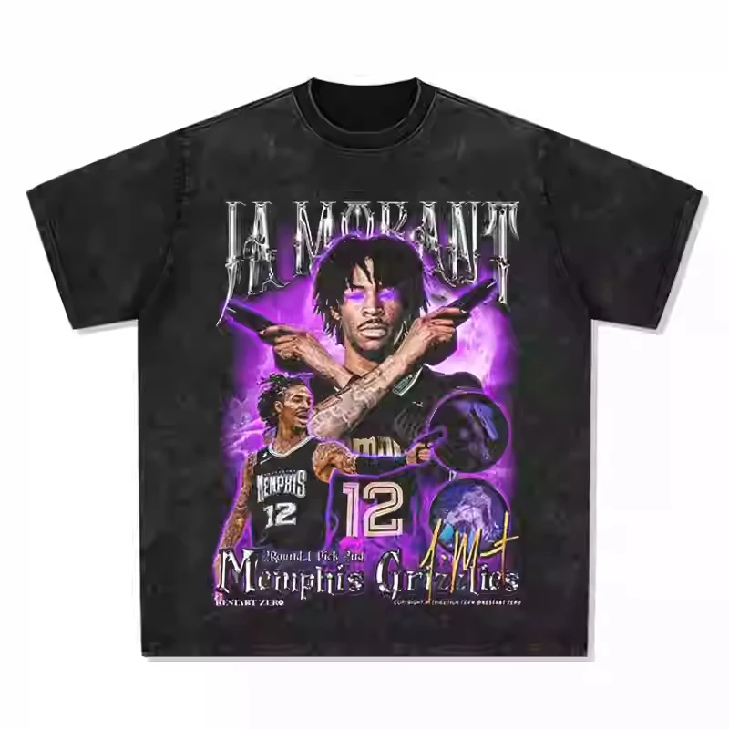 

2025 Ja Morant Gun T-shirt American Cotton Short Sleeve Vintage Wash T-shirt High Quality Luxury Brand Ins Y2k Sold Well