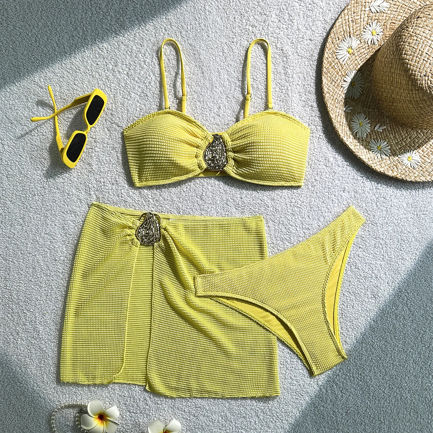 

sexy knitted metal bikinis sets three pieces with split mini skirt bathing suit swimwear beach wear thong swimsuits biquini