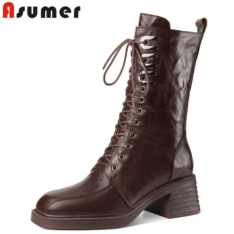 

Asumer Size 34-42 New Arrival Genuine Leather Boots Women Chunky Heels Ankle Boots Black Brown Lace Up Motorcycle Booties