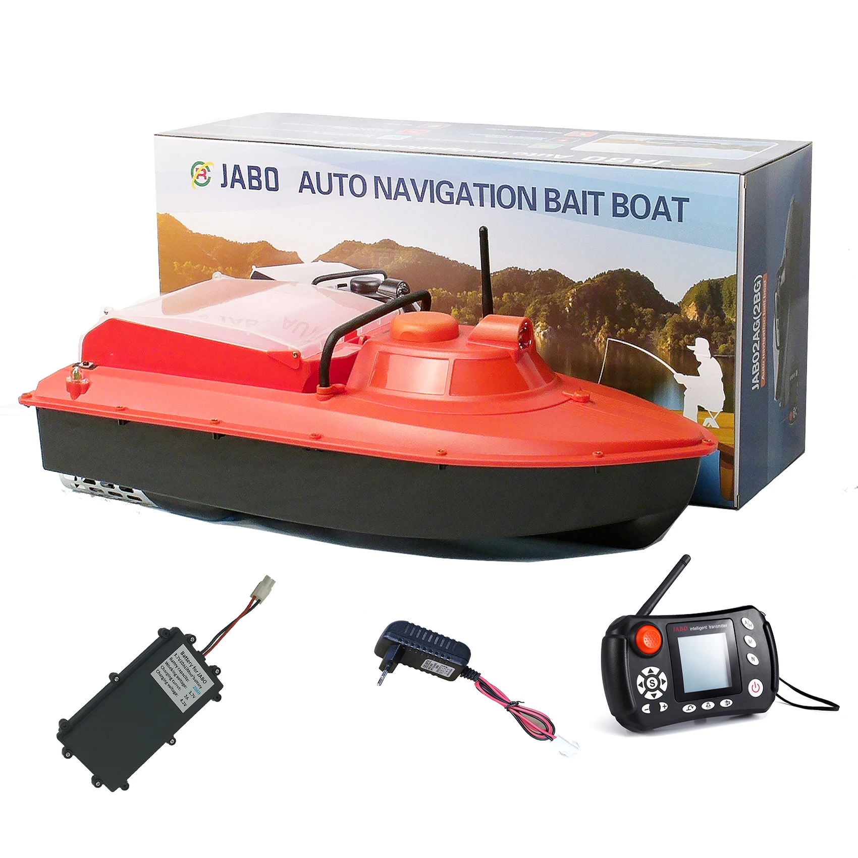 JABO2AG-20A Orange GPS Auto Navigation Bait Boat, 2.4G Store, 16 Feeding Points Display in 11 Languages, US Warehouse