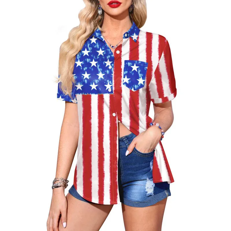 Patriotic Button Down Shirt - America Flag Graphic T-Shirt Short Sleeve Fashion Clothes Lapel Blouse