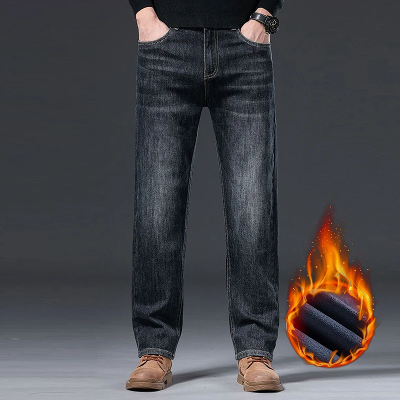 Зимнее флисовое издание, эластичные мужские джинсы, элитные деловые потертые джинсовые брюки для взрослых, универсальные брюки для официальных банкетных мероприятий