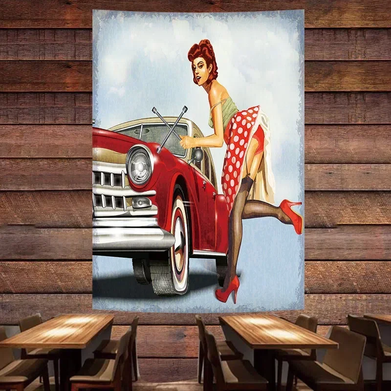 Vintage Car Repair Service Poster Flag Pin Up Girl Tapestry Wall Painting GARAGE Gas Station Auto Repair Shop Wall Decor Banner