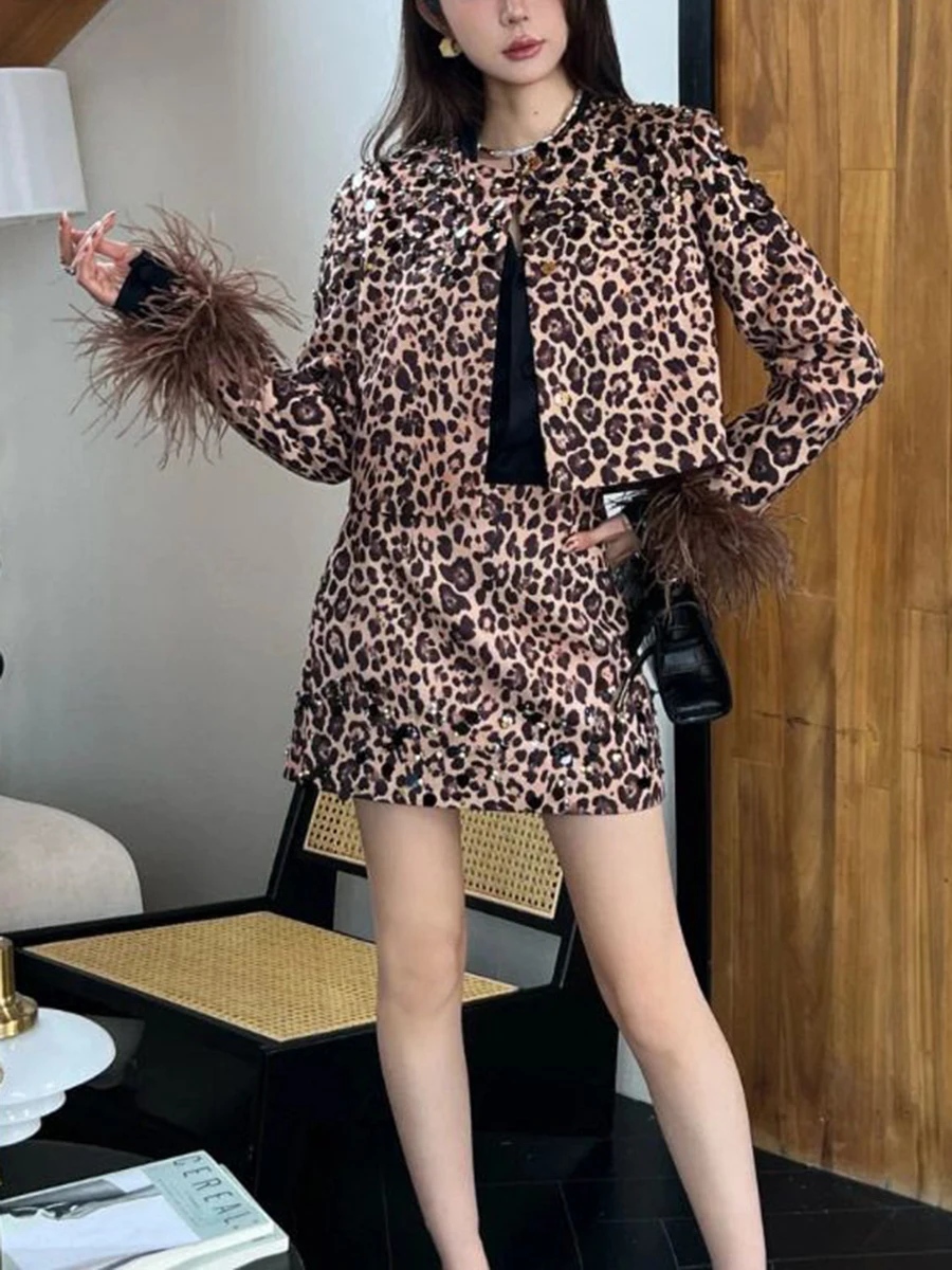 TWOTWINSTYLE Leopard Print Two Piece Sets For Women O Neck Long Sleeve Patchwork Feather Coat Mini Skirt Sets Female Fashion New