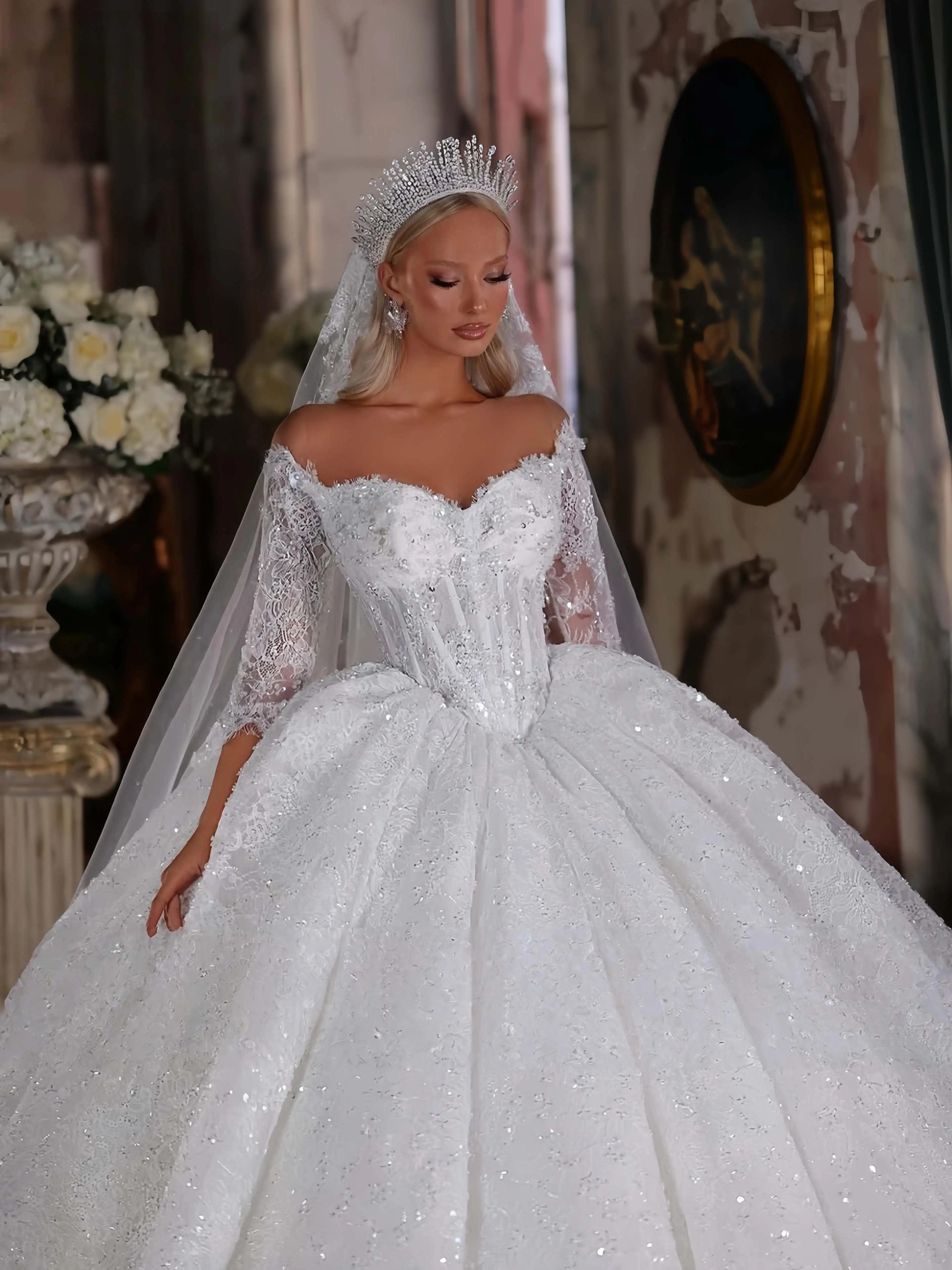 

Изысканное высококачественное атласное платье невесты с открытой спиной по индивидуальному заказу Vestido de Noiva, свадебное платье трапециевидной формы с глубоким v-образным вырезом и длинными рукавами