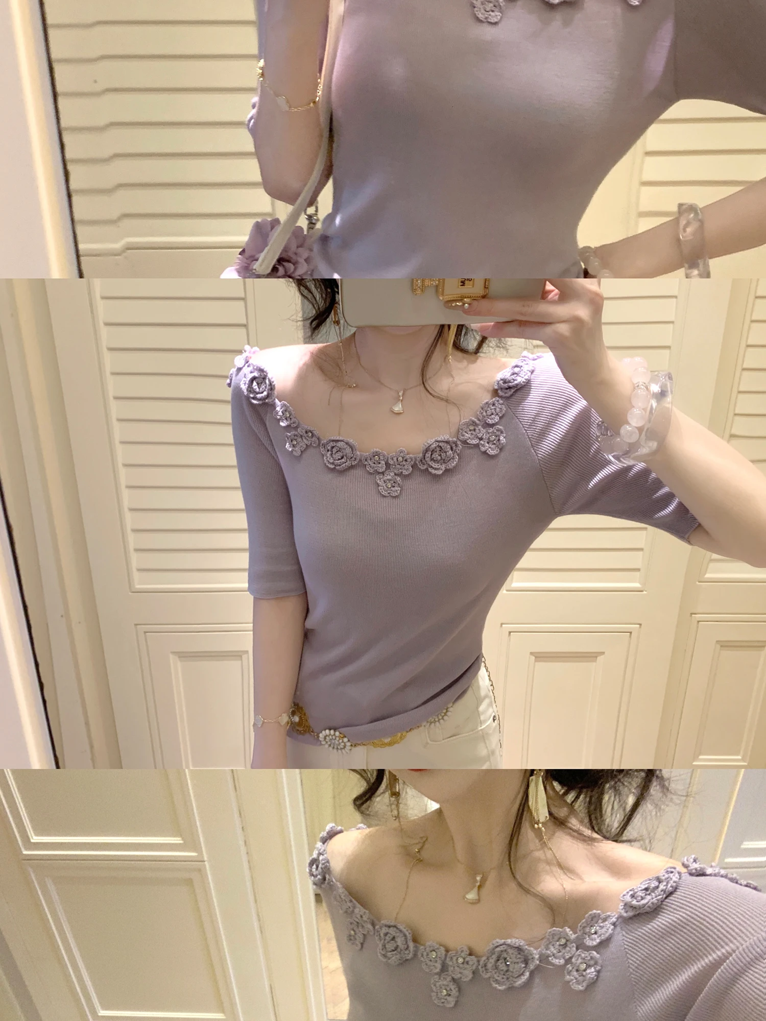 

Elegant Rose Garden Gentle Ray Lace Flower Collar mid Sleeve Knitted T Shirt Summer Women's Fashion Slim Fit U Neck Hooked De...