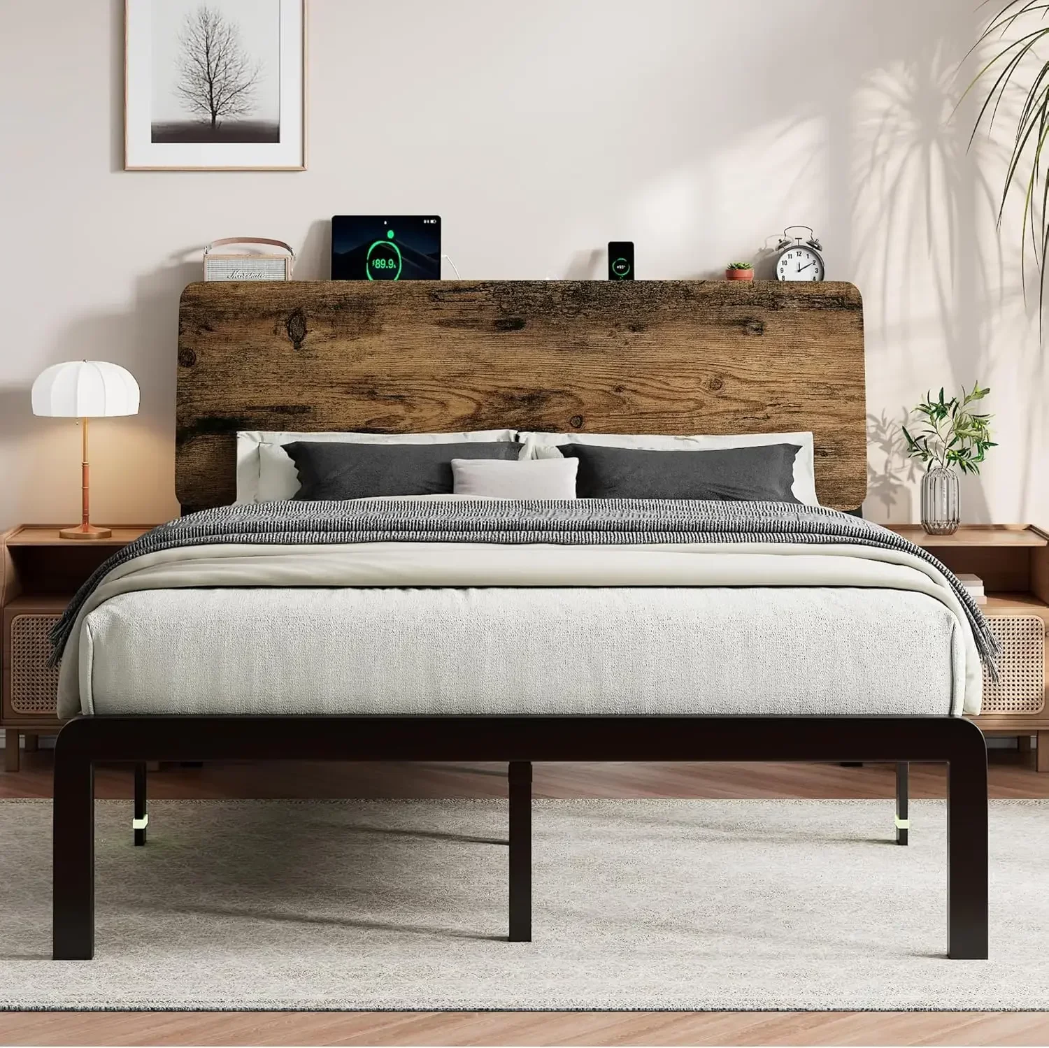 

Queen Metal Bed Frame with LED Lights & Charging Station, Platform Bed with Ergonomic Storage Headboard, Steel Slats Supports