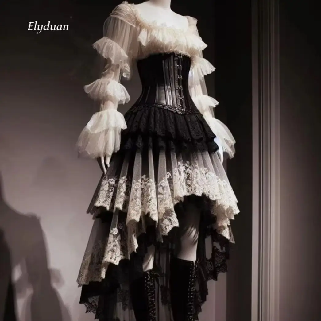 Black And White Gothic Prom Dress Long Sleeves Tiered Ruffle Tulle Lace Appliques Asymmetrical High Low Evening Gown Customized