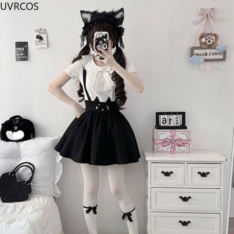 Ensemble de jupe Sweet Lolita pour femme, col claudine Kawaii, t-shirt à nœud, sangle imprimée chat, mini jupes gothiques pour femme, trempée Lolita, Y2K