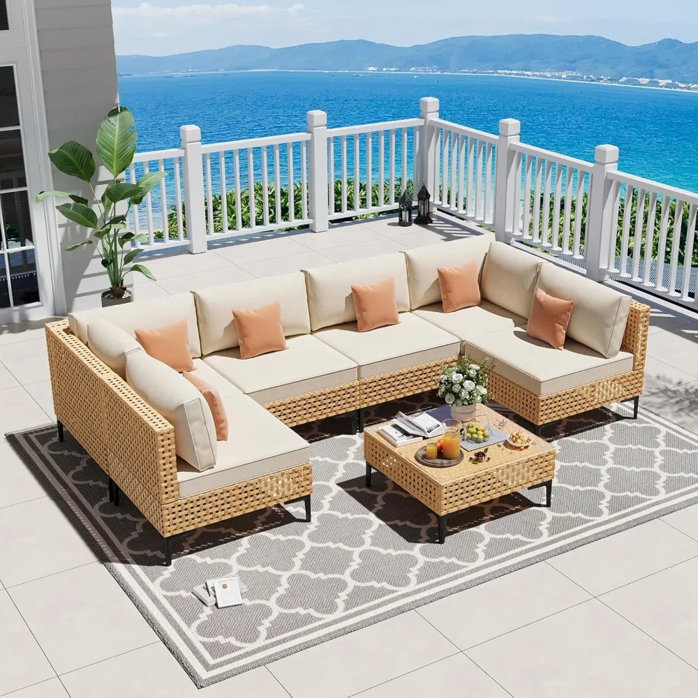 

Large 7-Piece Outdoor Wicker Patio Furniture Set with Coffee Table - Boho Style Conversation Section