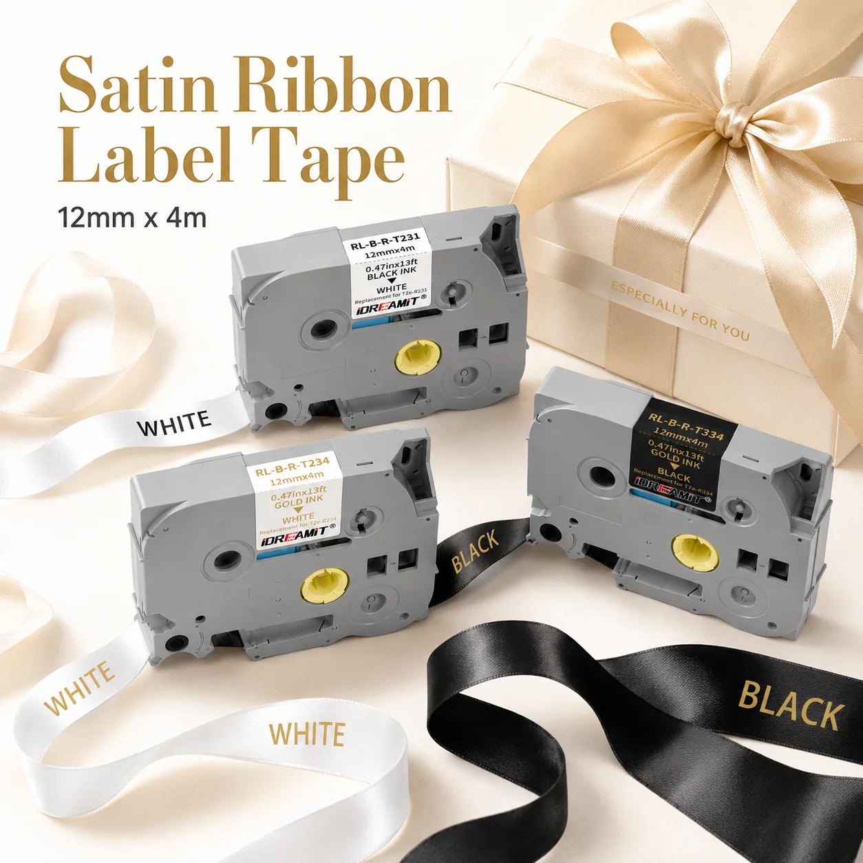 1 Pack 12mm Satin Ribbon Label Tape Compatible for Brother P-Touch Label Maker, 4m Ribbon Tape for Gift Wrapping & Crafts