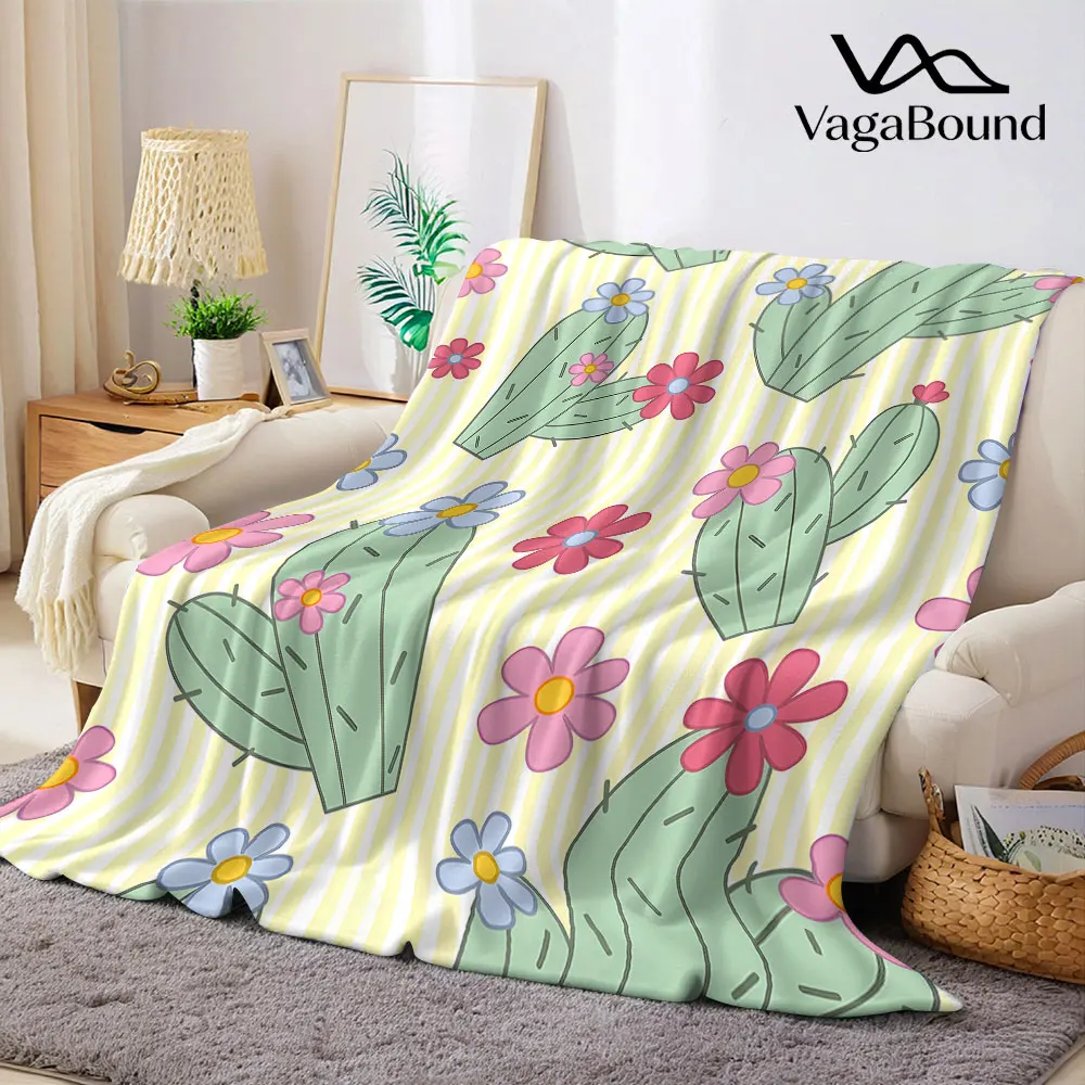 yellow stripe cactus flower Flannel Blanket Warm Soft Halloween Christmas Decorative Couch Warm Cozy All-Season Gift