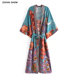 Holiday Women Green Space Moon Flower Print Kimono Shirt BOHO Beach Tide Bow Sashes Maxi Long Cardigan Blouse Beach Tops