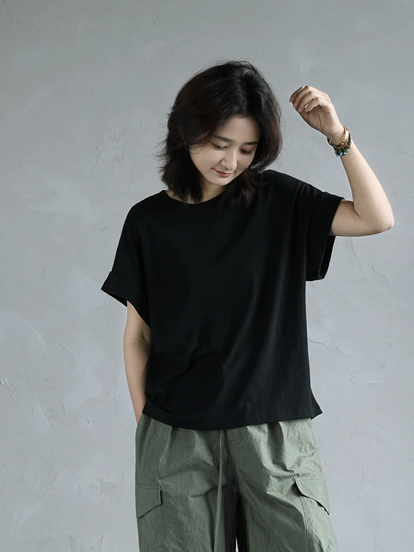 

Organic Hemp Cotton Loose ort Sve T-irt Women's Casual Sle Comfortable Breathable round Ne Design Summer New Arrival