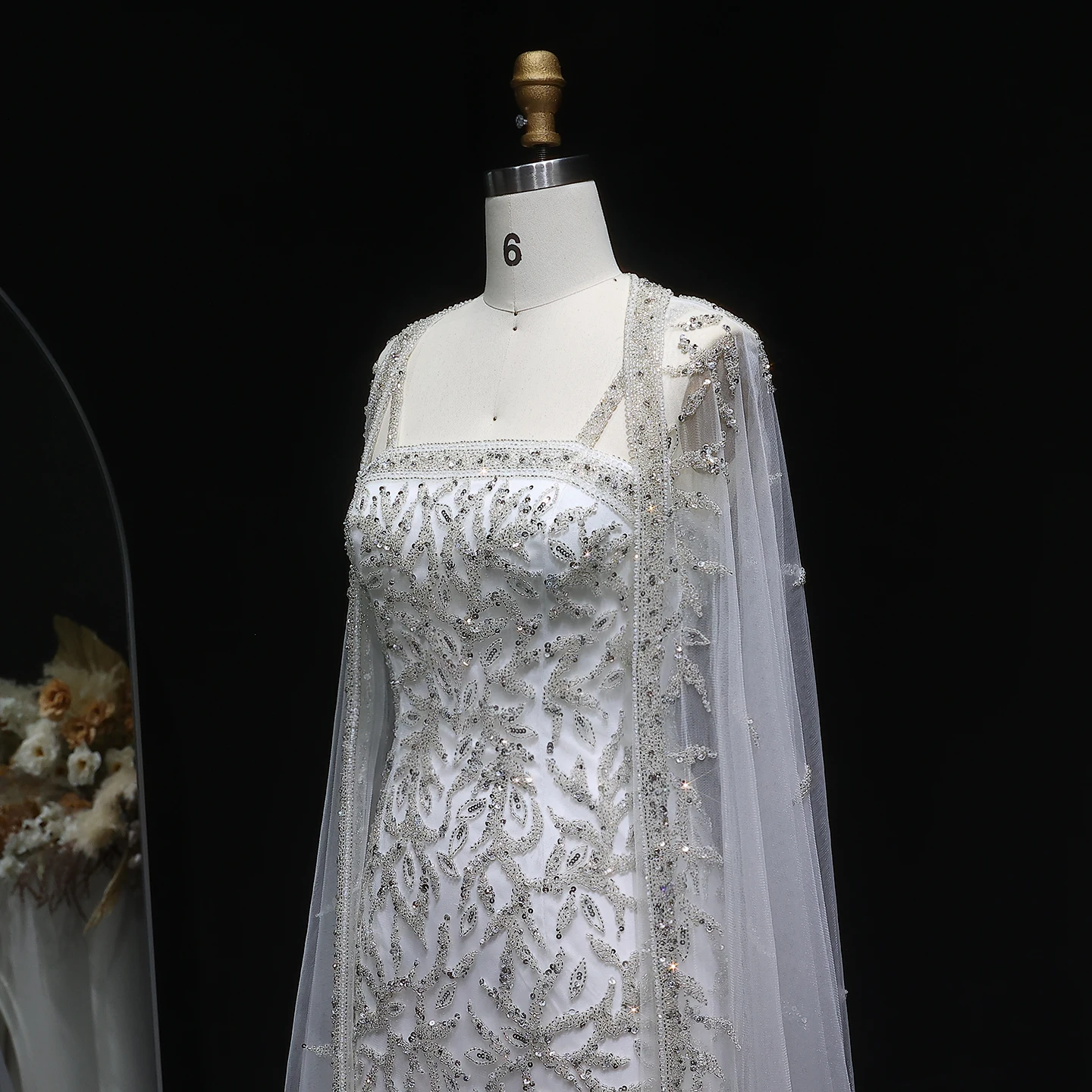Sharon Said Luxuriöses Rosa Meerjungfrauen-Abendkleid mit Cape-Ärmeln in Weiß für Damen, Hochzeit, Party, Ballkleider, Arabisch SS393, Maßanfertigung – Detail 10