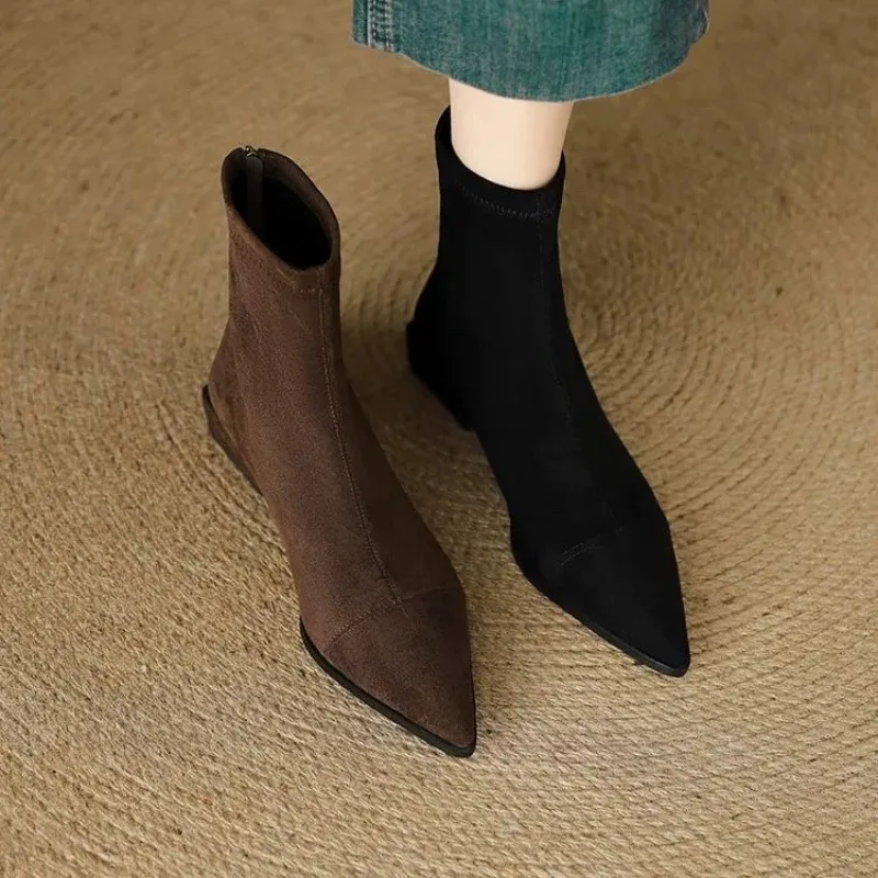 Plus-Size Women's Boots 2026 Winter Fashion Pointed-Toe Design Short Boots with Zippers on The Back, Slim Low-Heeled Nude Boots