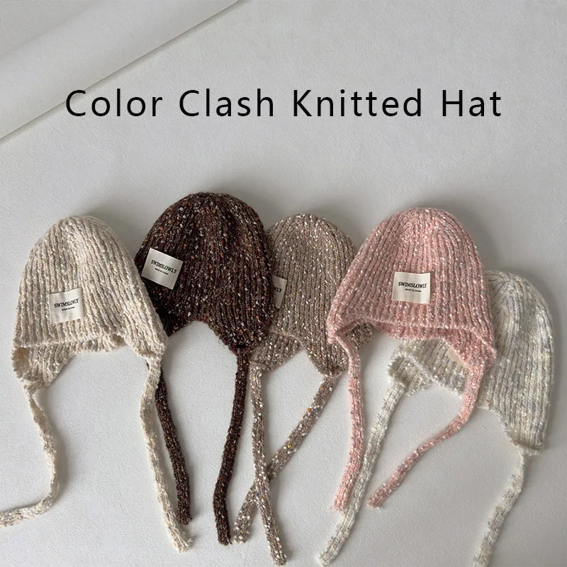Color Clash Knitted Hat with Ties for Kids Windproof Ear Protection Winter Cap Sweet Santa Style Beanie for Boys Girls