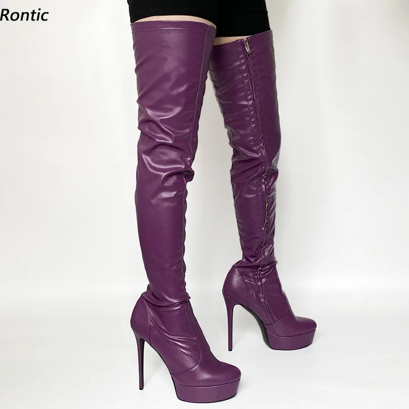 Rontic Women Spring Thigh Boots Faux Leather Matt Full Side Zipper Sexy Stiletto Heel Round Toe Purple Club Shoes US Size 5-20