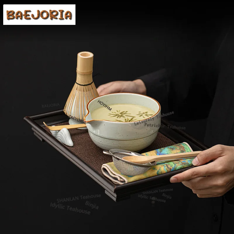 BAEJORIA Vintage Speckled Threaded Matcha Set Eight-piece Ceramic Tea Bowl Hundred Book Stand Whisk Imitation Song Dynasty Gifts